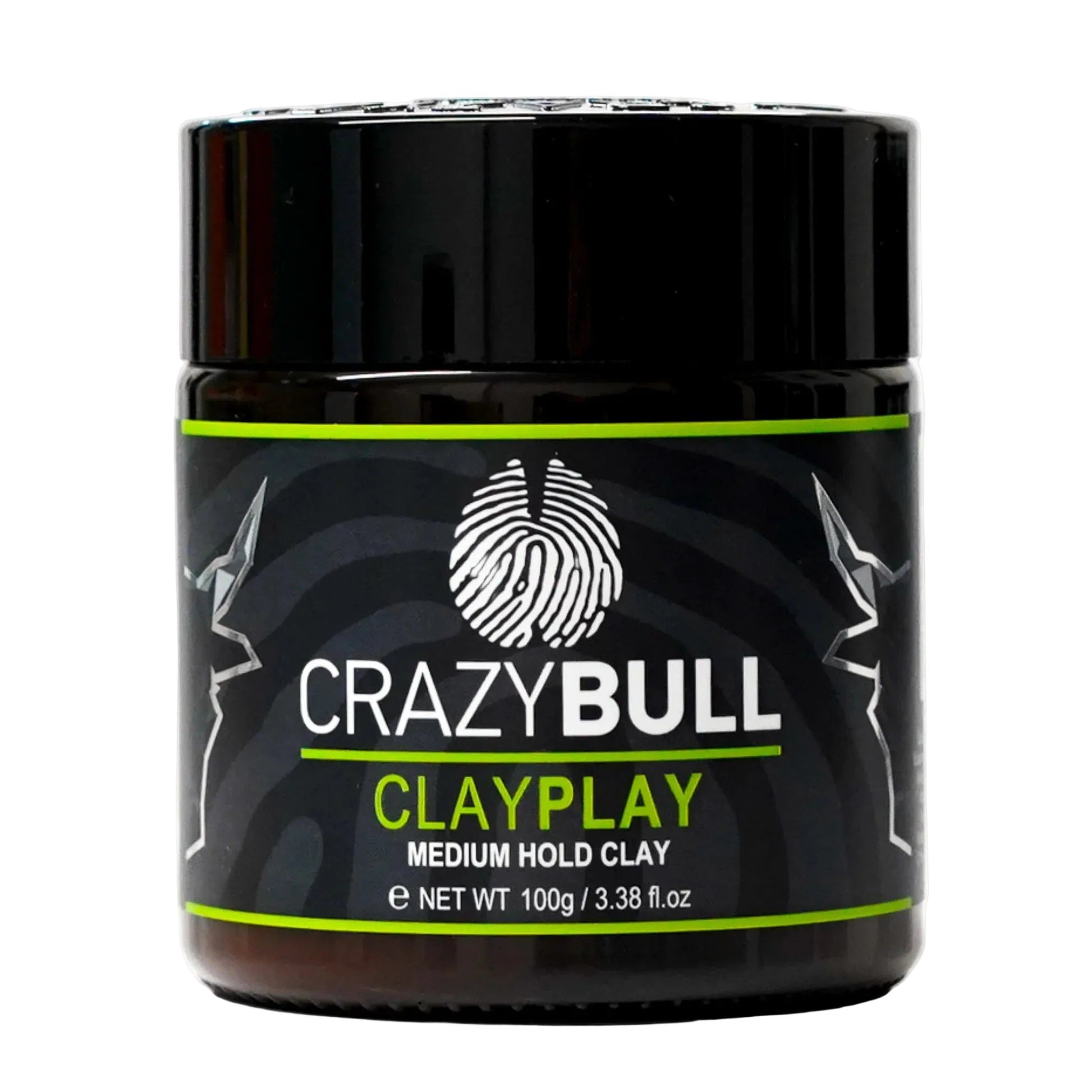 Black jar of Crazy Bull Clay Play hair product on a white background